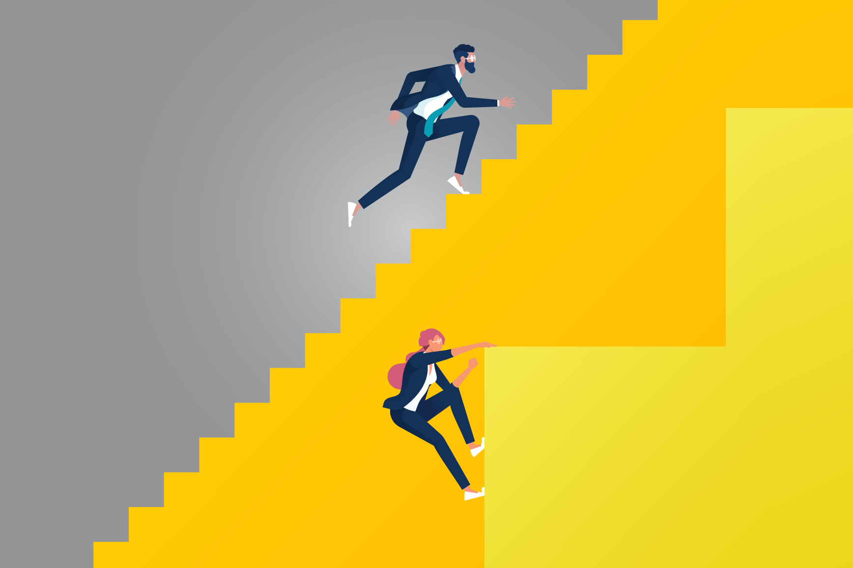 Graphic of man running up steps while woman has to climb a cliff
